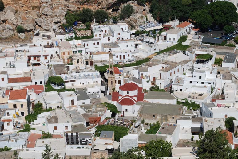Lindos, Rhodos. The village shot from the Acropolis. Provides a typical view of Greek's town from bird eye view.